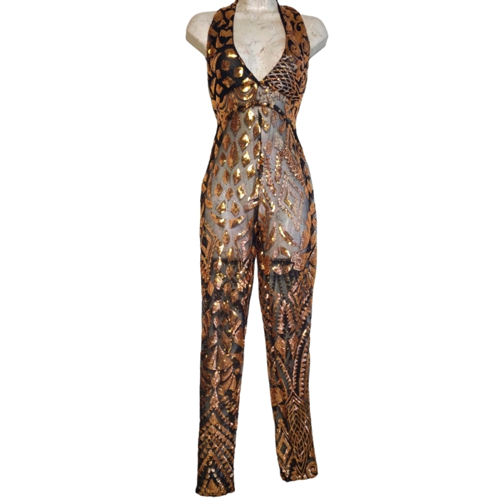 Gold and Black  Mesh Sequin Halter Jumpsuit Size Small